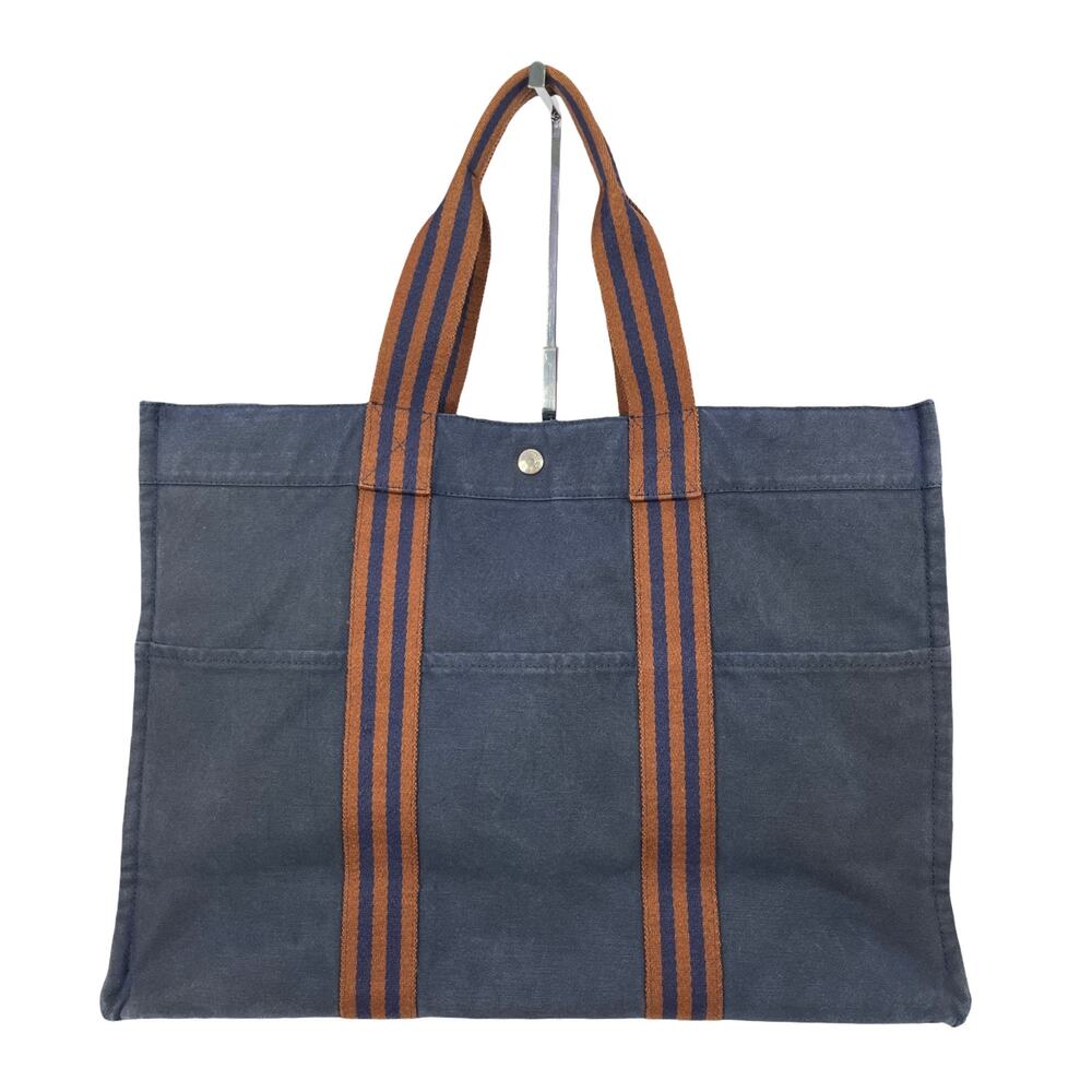 Vintage Hermes Fourre Tout GM Tote Bag Navy Brown Canvas Travel Shopper